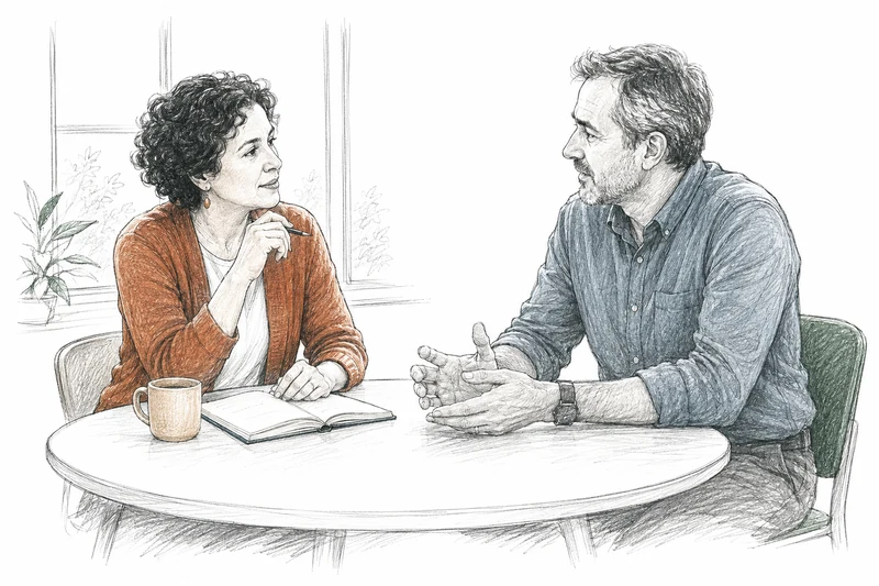 Dos personas conversan y revisan documentos alrededor de una mesa.