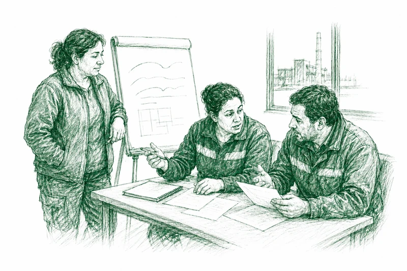 Facilitadora y dirigentes trabajan juntos con documentos y un papelógrafo.