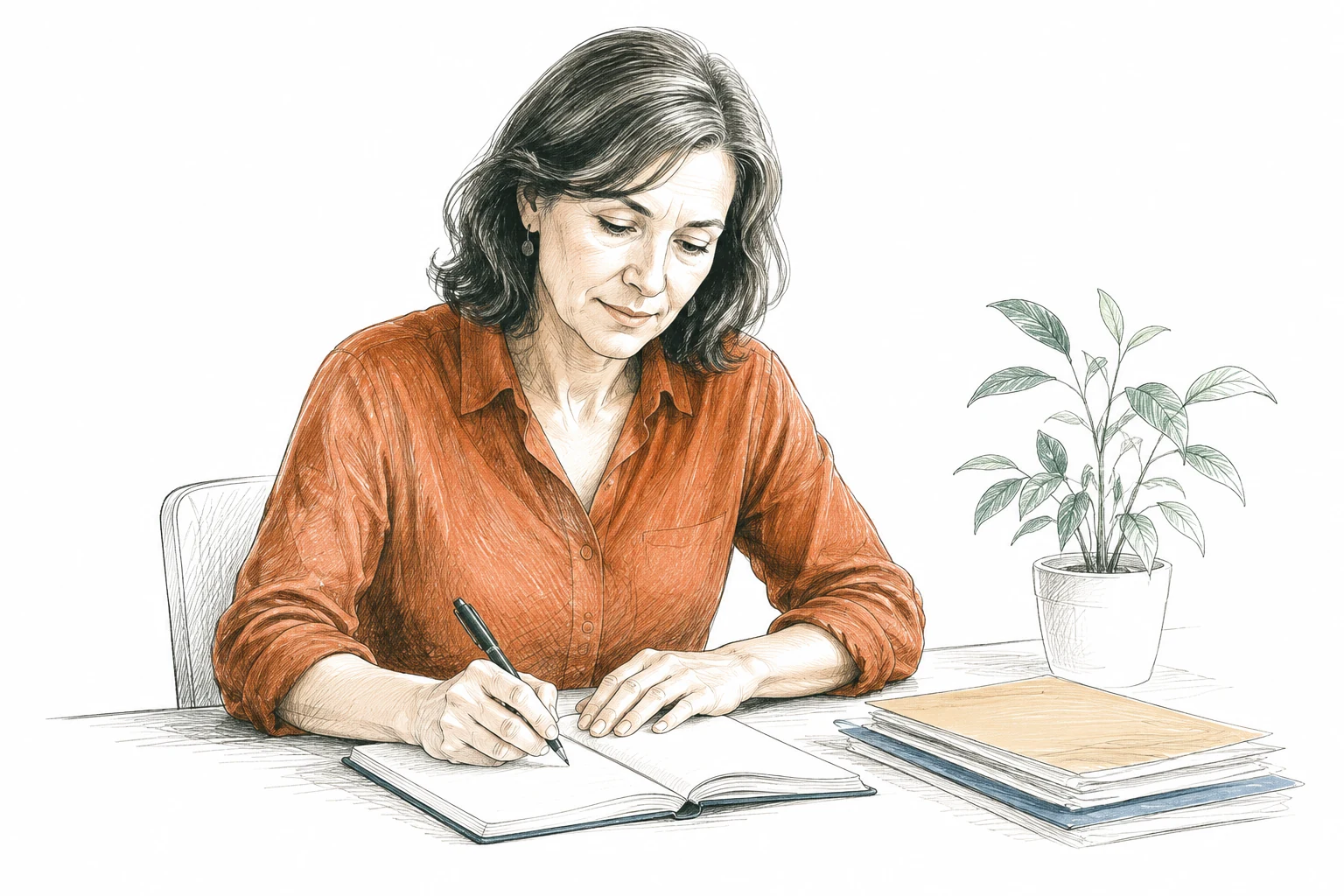 Ilustración de una persona que escribe y reflexiona en un cuaderno.