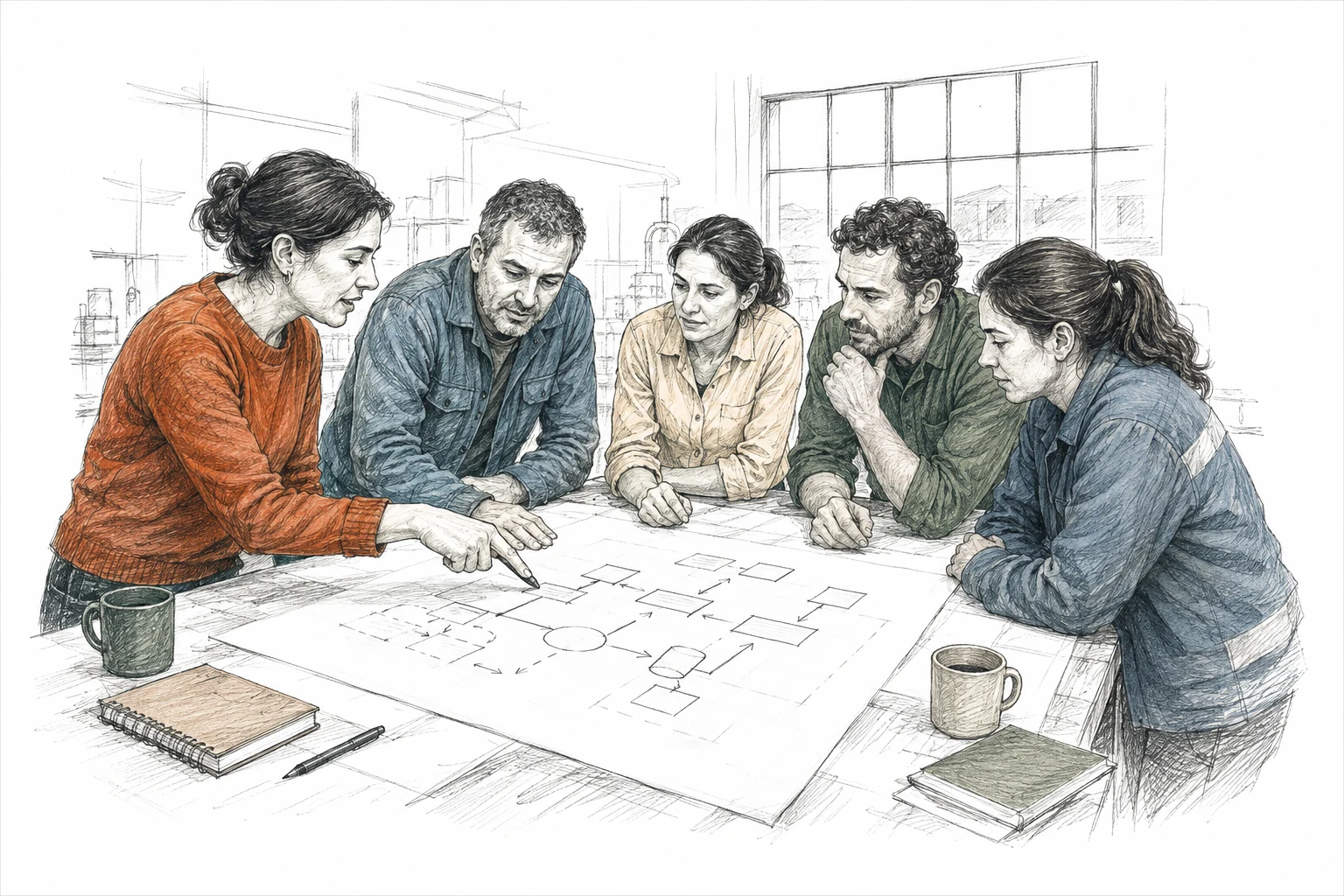 Dibujo de personas examinando distintas partes de un proceso sobre una mesa.