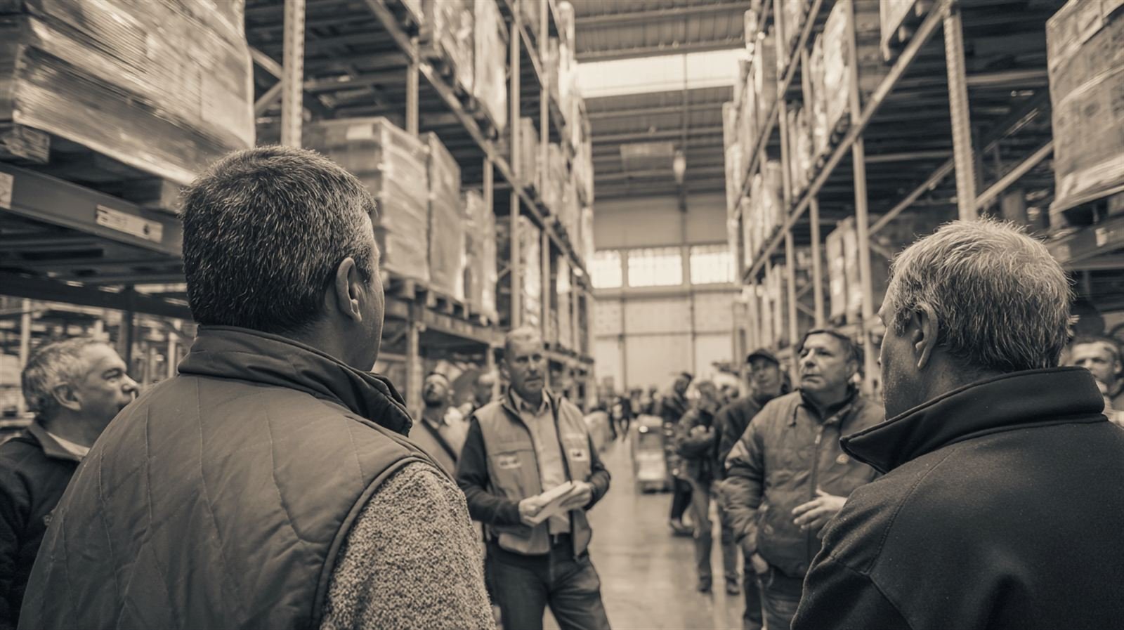 Dirigentes reunidos en conversación al interior de una nave industrial